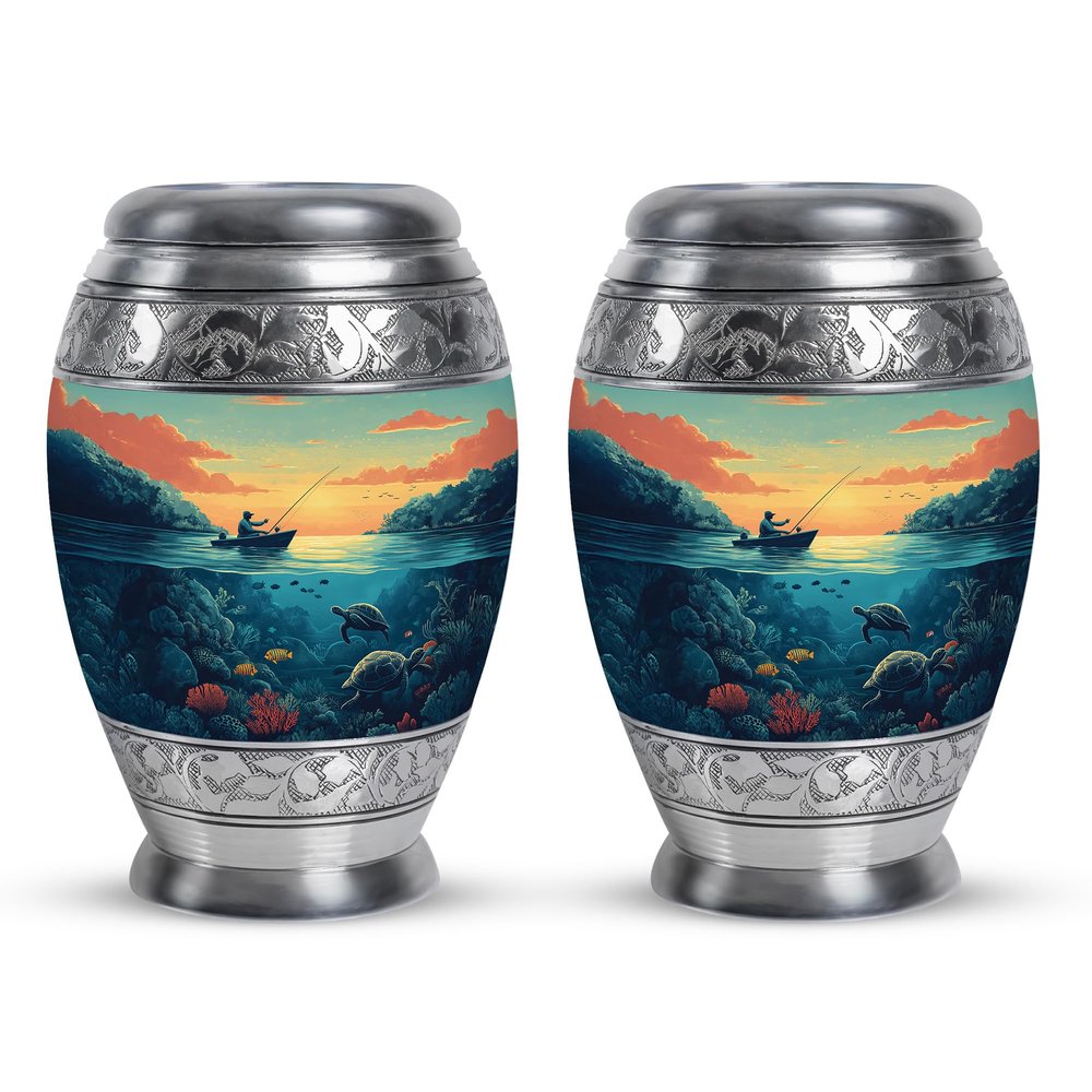 JAGSHASHI Fishing Little Urns for Human Ashes Adult Male & Female - Small Burial Urn for Mom & Dad Ash - Adult Cremation Urns for Human Ashes - 3 Inch Set of 2 - Keesake Memorial Funeral Urn
