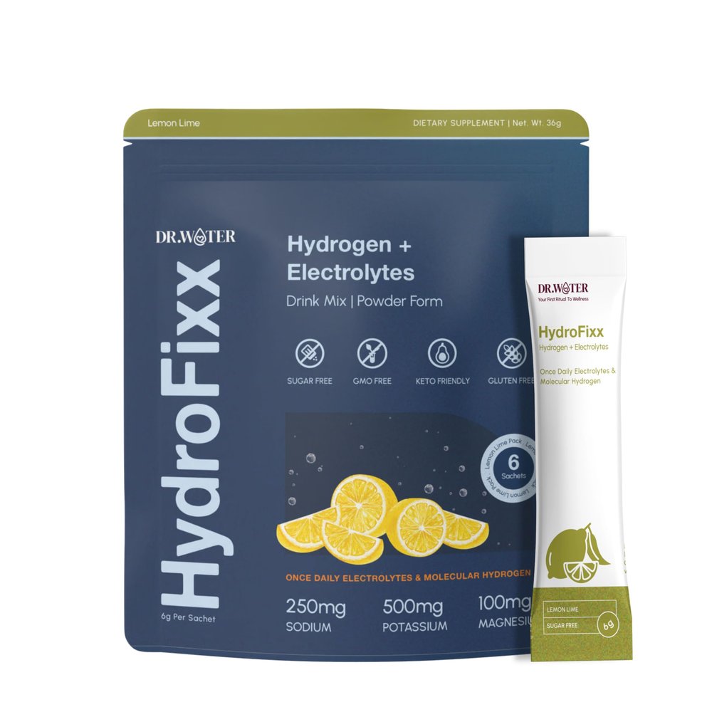 Dr.Water HydroFixx Hydrogen + Electrolytes Mix - Variety Pack | H2 Hydration with Molecular Hydrogen, Sodium, Potassium, Magnesium | LemonLime, MixBerry, Orange Caffeine | 6 Count (6, Lemon Lime)