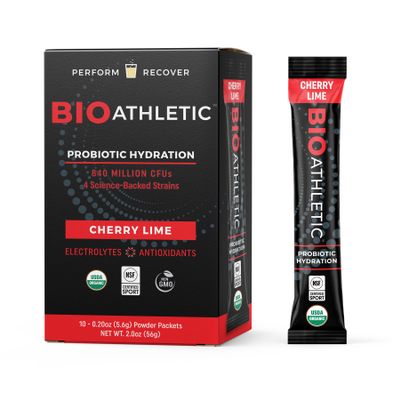 BioAthletic Probiotic + Electrolyte Hydration Drink Mix, with Vitamins D & B12, USDA Organic, NSF Certified for Sport, Subtle Cherry Lime Flavor, Naturally Light Taste, 10 Sticks
