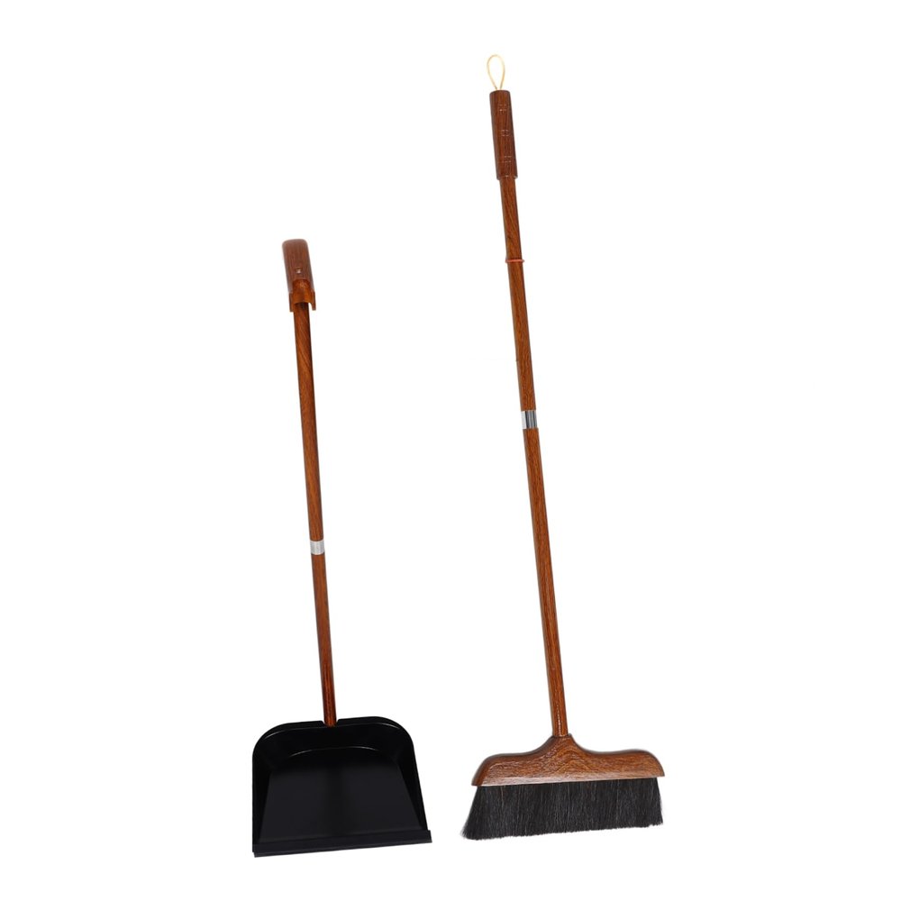 Mikinona Long Handle Broom and Dustpan Set Wooden Handle Soft Bristle Sweeping Brush for Indoor Cleaning for PET Hair Kitchen and Office Use