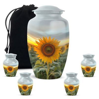 KARYLIZ Sunflower Urns for Human Ashes - 10 Inch Large Capacity Urn for Adult Male - Earns for Ashes Adult Female - Burial Cremation Urns - 3 Inch Little Ash Holders for Human Remains - Combo of 5
