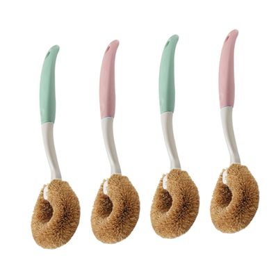 DEARMAMY Natural Coconut Fiber Pot Brush 4-Piece Set Long Handle for Non-Stick Cookware Cleaning in Kitchen