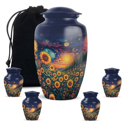 KARYLIZ Sunflower Adult Cremation Urns for Male - Large Burial Urn for Men 10 Inch - Ashes Holder for Women - 3 Inch Tiny Keepsake Human Ash Urns - Memorial Funeral Earns Combo Set of 5