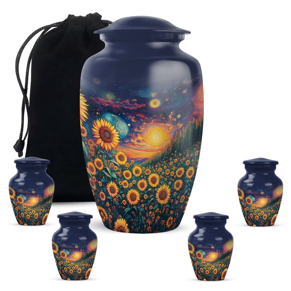 KARYLIZ Sunflower Adult Cremation Urns for Male - Large Burial Urn for Men 10 Inch - Ashes Holder for Women - 3 Inch Tiny Keepsake Human Ash Urns - Memorial Funeral Earns Combo Set of 5