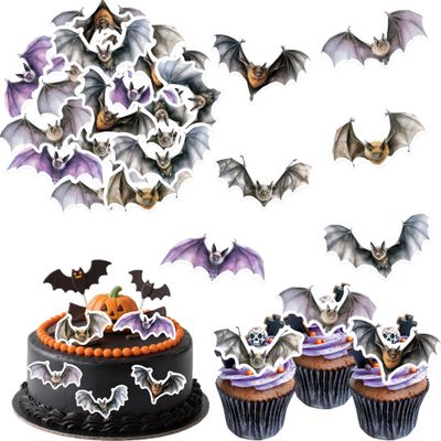 Fyeoxle 54PCS Edible Halloween Bat Cupcake Toppers Wafer Paper Bat Cupcake Toppers Spooky Bat Cupcake Picks for Halloween Theme Party Birthday Baby Shower Decor Supplies