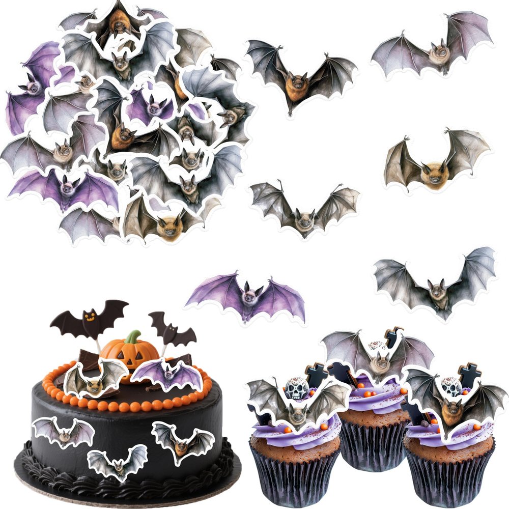Fyeoxle 54PCS Edible Halloween Bat Cupcake Toppers Wafer Paper Bat Cupcake Toppers Spooky Bat Cupcake Picks for Halloween Theme Party Birthday Baby Shower Decor Supplies