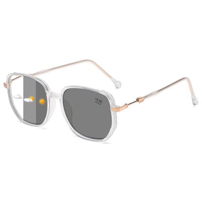 ALKAHE Stylish Photochromic Reading Glasses Women Men Polygon Large Frame Blue Light Blocking Readers Eyeglasses Clear Frame/Photochromic Grey Lens 1.0