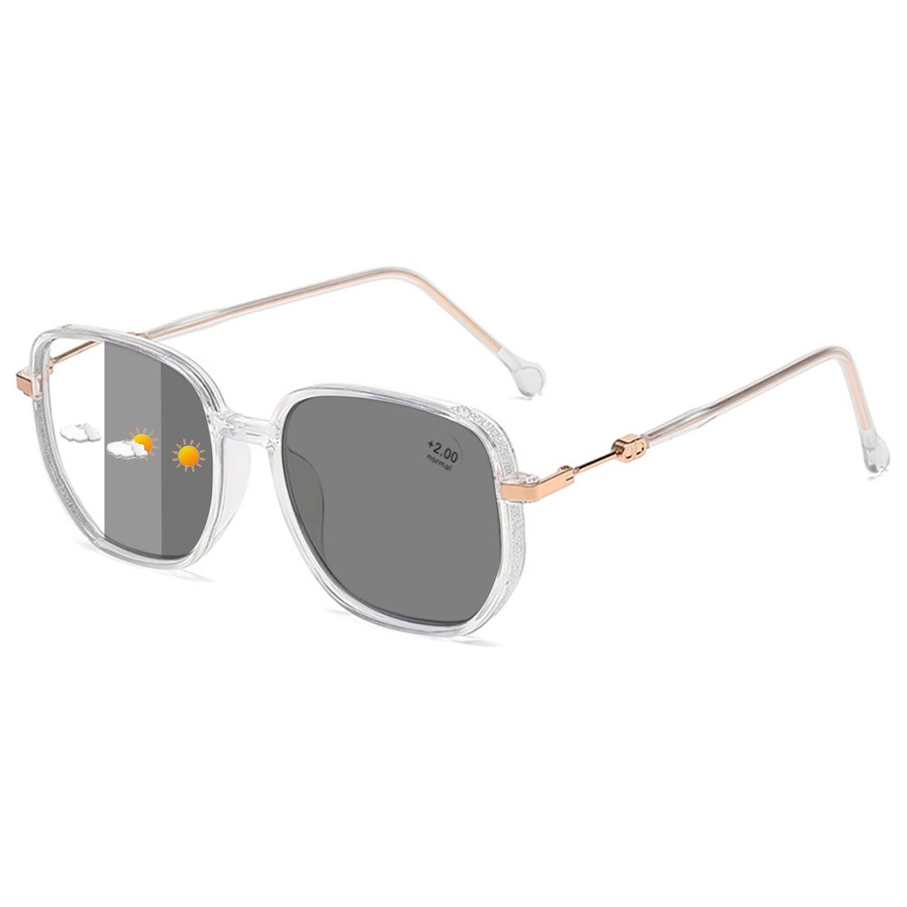 ALKAHE Stylish Photochromic Reading Glasses Women Men Polygon Large Frame Blue Light Blocking Readers Eyeglasses Clear Frame/Photochromic Grey Lens 1.0