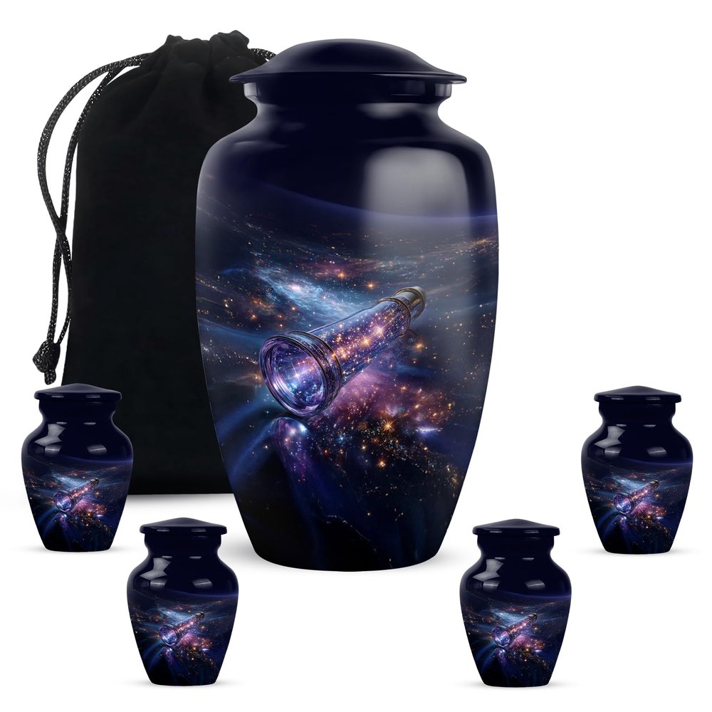 KARYLIZ Telescope Purple Space Funeral Keepsake Urns for Human Ashes Adult Man & Women - Combo of 5, 10 Inch & 3Inch - Galaxy of Stars Cremation Urn for Human Female, Funeral Keepsake Gift 3Inch