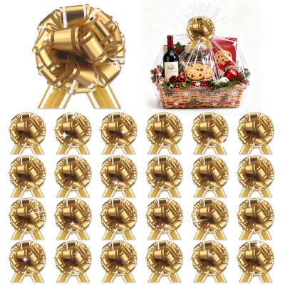 24pcs Gold Pull Bow for Gift Wrapping Basket Xmas Gift Bows Presents Wrap Ribbon Bow for Christmas Tree Ornament Wine Bottles Bouquet Flower Valentine's Day Party Decor (Gold-C, 6 Inch)