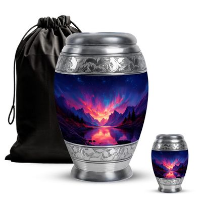 Casketique Northern Light Memorial Urns for Human Ashes Adult Man Set of 2 - Blue Funeral Urns for Cremation Ashes Mother Set of 1 Large & 1 Keepsake - Cremation Urn - 10 & 3 Inch Combo