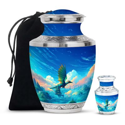 Remembrate Dragon Urns for Human Ashes Adult Man Small - Blue Memorial Keepsakes for Ashes for Women - Clouds Travel Urns Human Adult Mom and Dad Cremation Tiny 3 Inch & 10 Inch Set