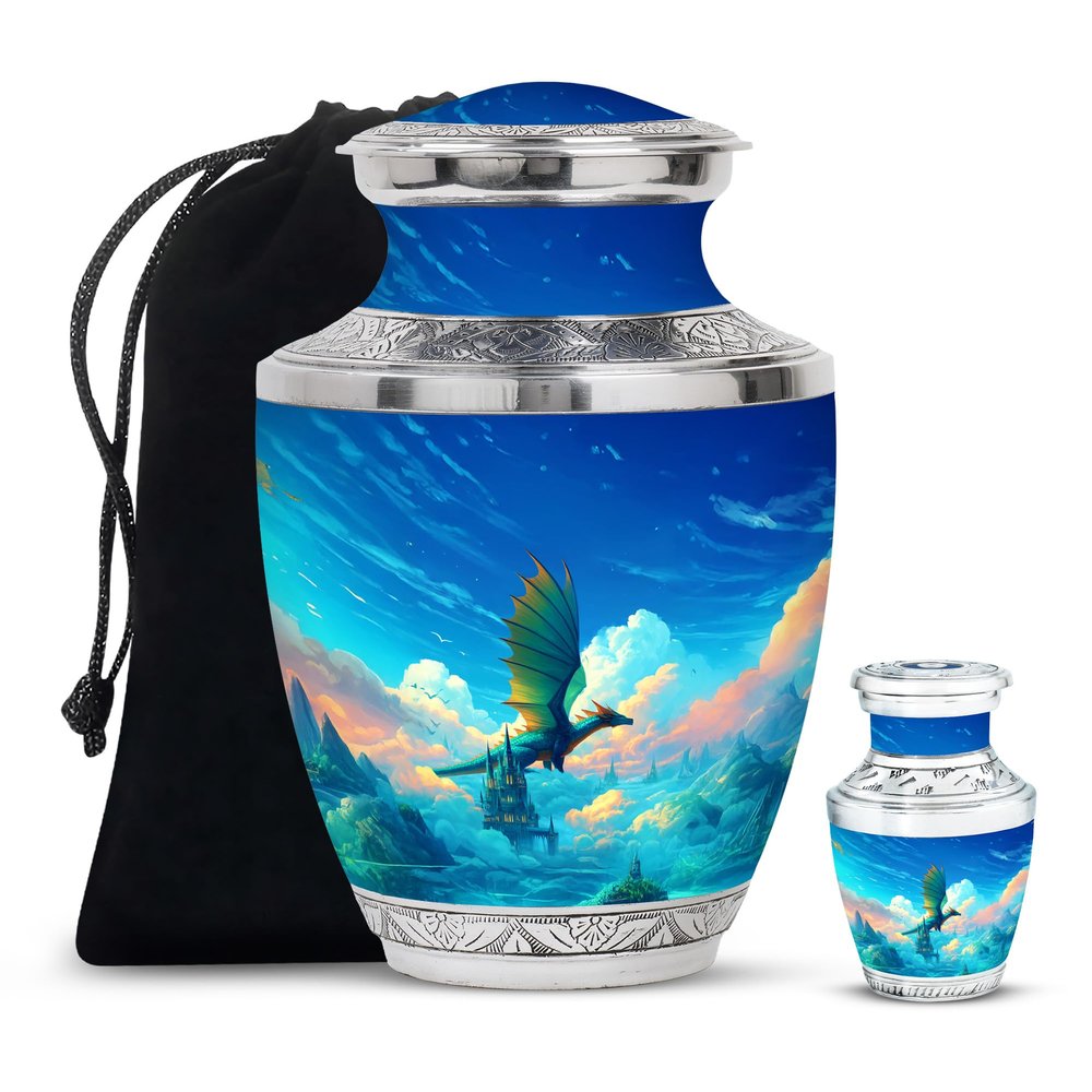 Remembrate Dragon Urns for Human Ashes Adult Man Small - Blue Memorial Keepsakes for Ashes for Women - Clouds Travel Urns Human Adult Mom and Dad Cremation Tiny 3 Inch & 10 Inch Set