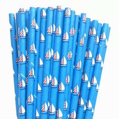 100 pcs White Red Sailboat Paper Straws, Blue With Sailing Boat Disposable Biodegradable Drinking Straws, Sports Race Birthday Baby Shower Nautical Summer Party Sea Beach Cake Pop Sticks (Sailboat)