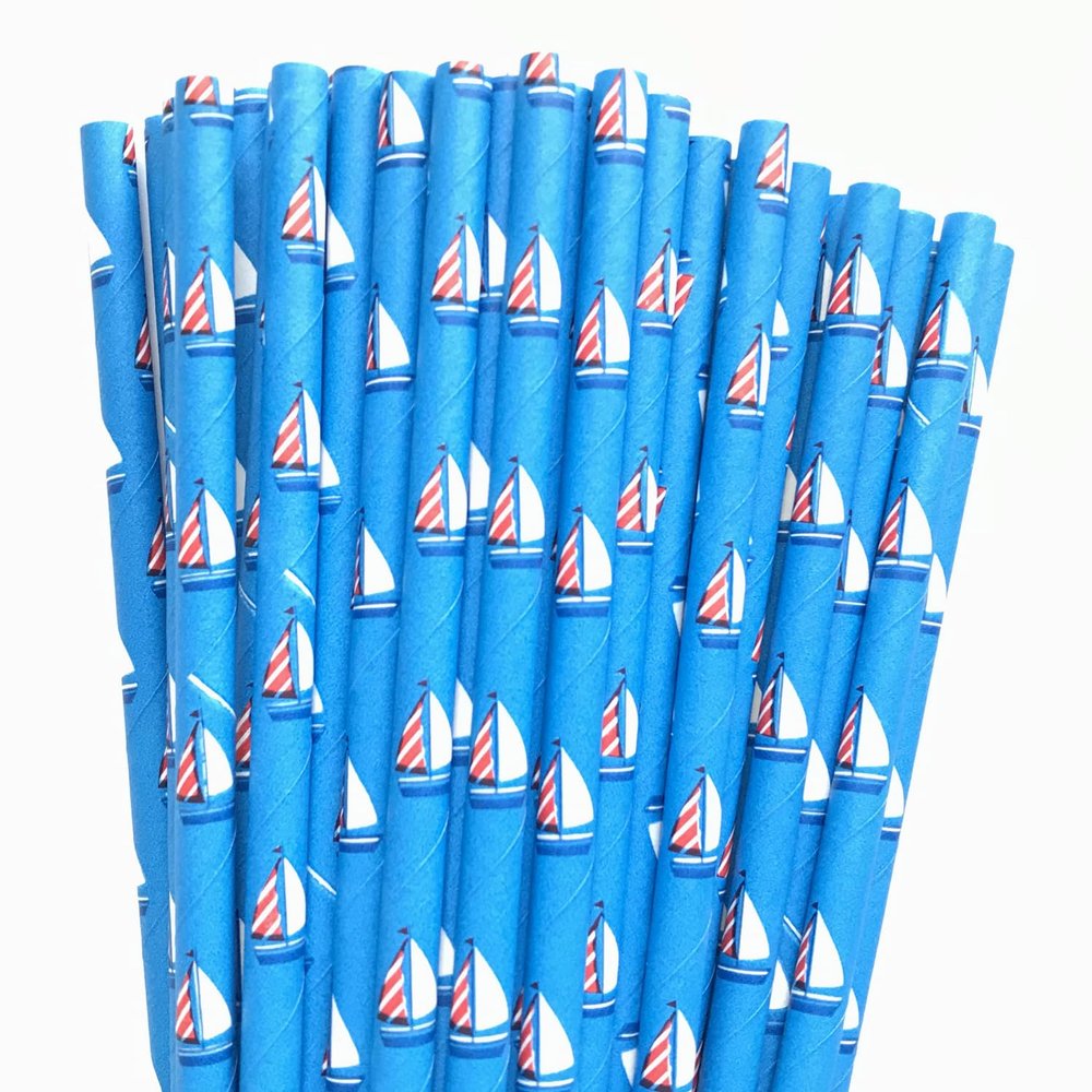 100 pcs White Red Sailboat Paper Straws, Blue With Sailing Boat Disposable Biodegradable Drinking Straws, Sports Race Birthday Baby Shower Nautical Summer Party Sea Beach Cake Pop Sticks (Sailboat)