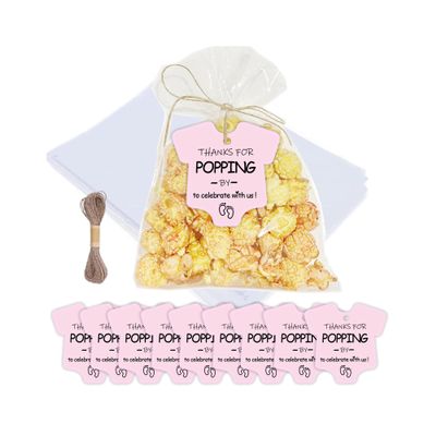 60 Set Baby Shower Popcorn Bags, Thank You Tags Favor Bags with Twist Ties, Cellophane Treat Bags for Candy, Popcorn, Cookies Perfect for Gender Reveal Party Supplies, Baby Shower Party Favors Decorations (pink)