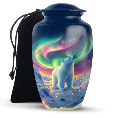 KARYLIZ Bear Northern Lights Large Urns for Human Ashes Adult - Aurora Borealis Funeral Burial Urns for Cremation Ashes Adult Female & Man 10 Inch