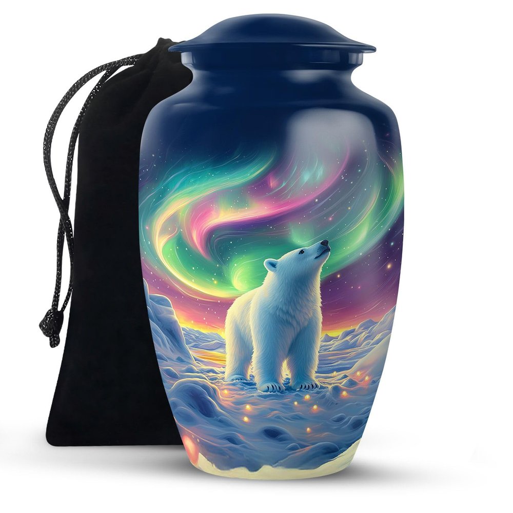 KARYLIZ Bear Northern Lights Large Urns for Human Ashes Adult - Aurora Borealis Funeral Burial Urns for Cremation Ashes Adult Female & Man 10 Inch
