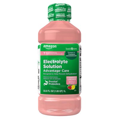 Basic Care Amazon Advantage Care Electrolyte Solution with Prevital Prebiotics, Strawberry Lemonade, Hydration Drink, Replenish Electrolytes, Fluid & Zinc, 33.8 fl oz (Pack of 1) 1 Pack