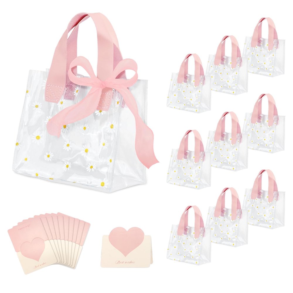 10 Pcs Clear Gift Bags with Handles, Party Favor Reusable Transparent PVC Flower Tote Bag Including Greeting Cards and Ribbon, Ideal for Baby Shower Wedding Birthday Shopping (Pink)