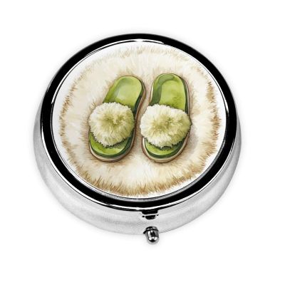 Watercolor Green Slippers Round Pill Case, Portable Pill Box for Pocket Metal Medicine Vitamin Organizer 3 Compartment Three Times A Day