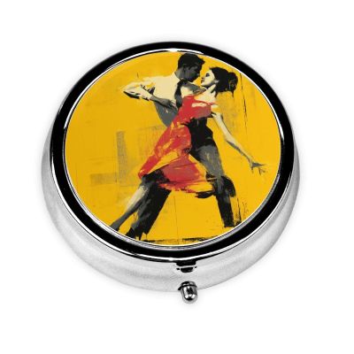 Dancing Couple Graffiti Style Round Pill Case, Portable Pill Box for Pocket Metal Medicine Vitamin Organizer 3 Compartment Three Times A Day