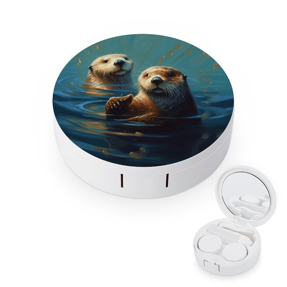 BWQJKUO Portable Round Sea Otters Painting Printed Contact Lens Case Is Stylish And Compact, Easy to Carry And Protects Lenses.