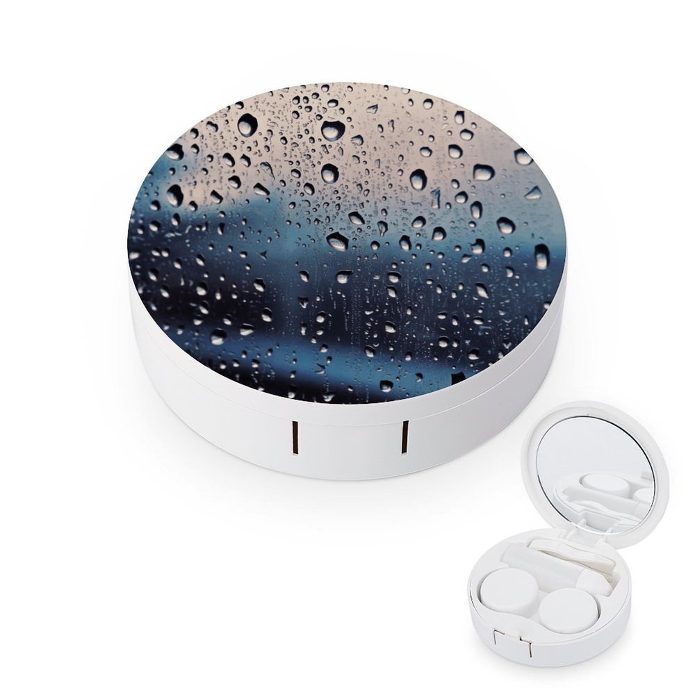 BWQJKUO Portable Round Rain Drops on Glass Printed Contact Lens Case Is Stylish And Compact, Easy to Carry And Protects Lenses.