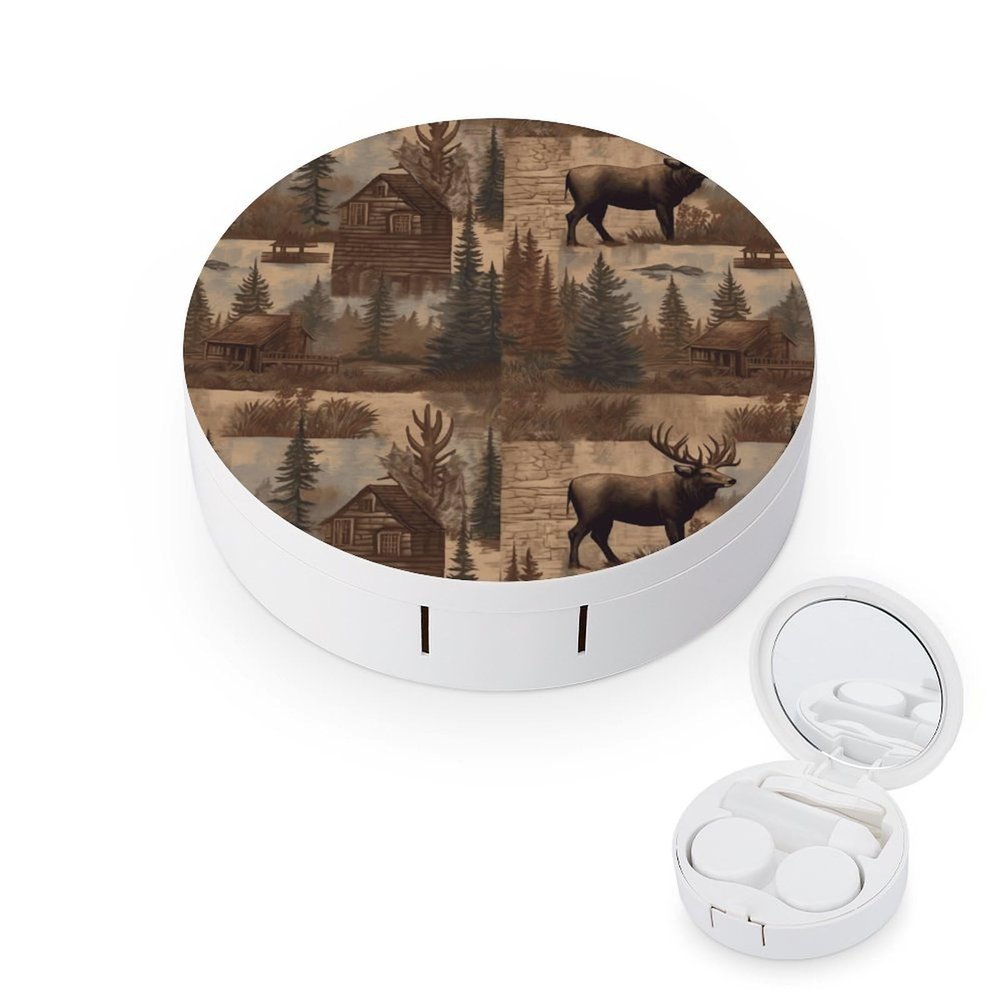 BWQJKUO Portable Round Rustic Lodge Bear Moose Printed Contact Lens Case Is Stylish And Compact, Easy to Carry And Protects Lenses.