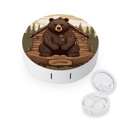 BWQJKUO Portable Round Rustic Lodge Bear Printed Contact Lens Case Is Stylish And Compact, Easy to Carry And Protects Lenses.