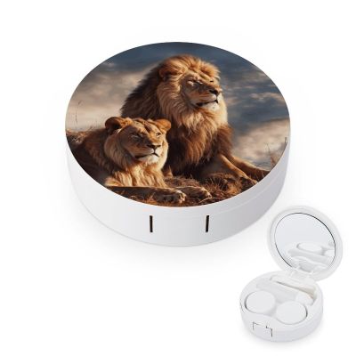 BWQJKUO Portable Round Two Lions Printed Contact Lens Case Is Stylish And Compact, Easy to Carry And Protects Lenses.