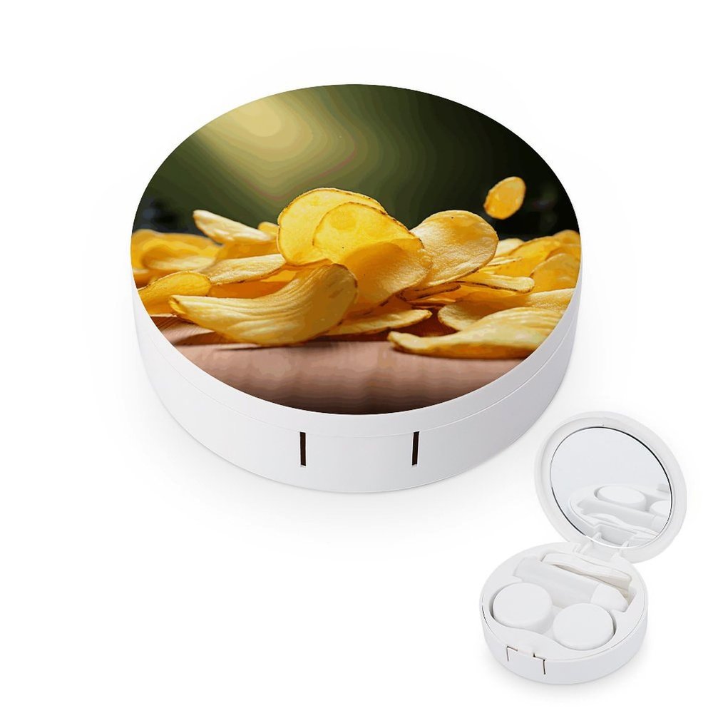 BWQJKUO Portable Round Potato Chips Printed Contact Lens Case Is Stylish And Compact, Easy to Carry And Protects Lenses.