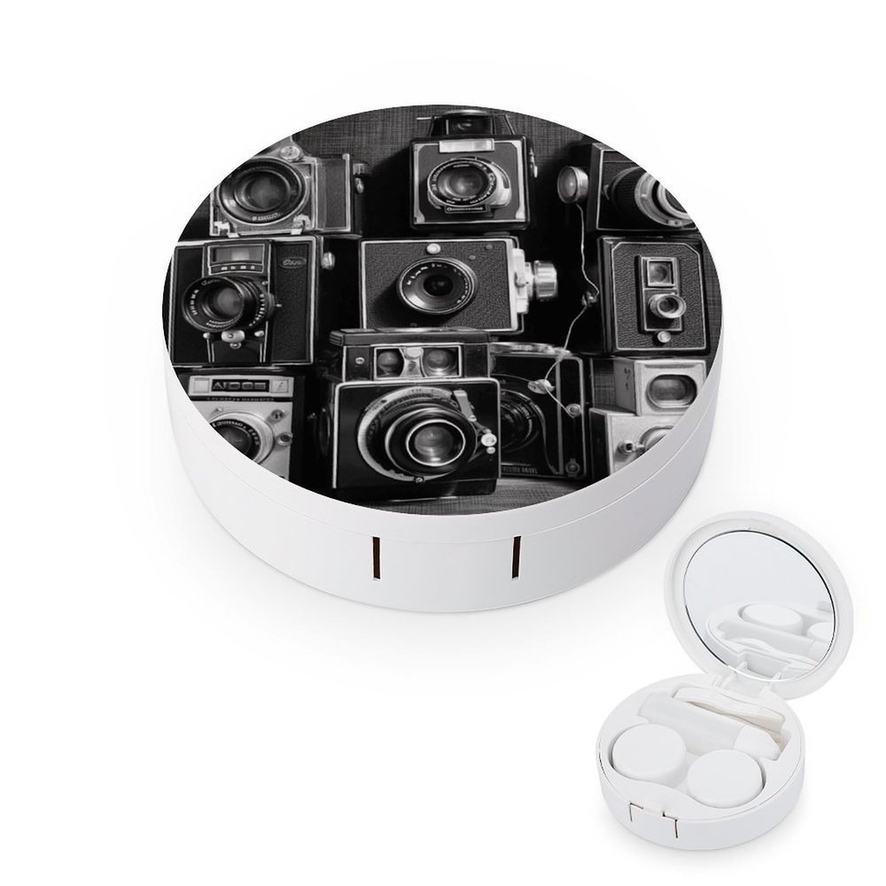 BWQJKUO Portable Round Retro Cool Camera Collection Printed Contact Lens Case Is Stylish And Compact, Easy to Carry And Protects Lenses.
