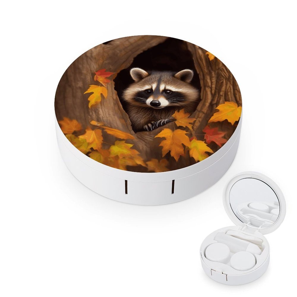 BWQJKUO Portable Round Raccoon in The Fall Tree Hole Printed Contact Lens Case Is Stylish And Compact, Easy to Carry And Protects Lenses.