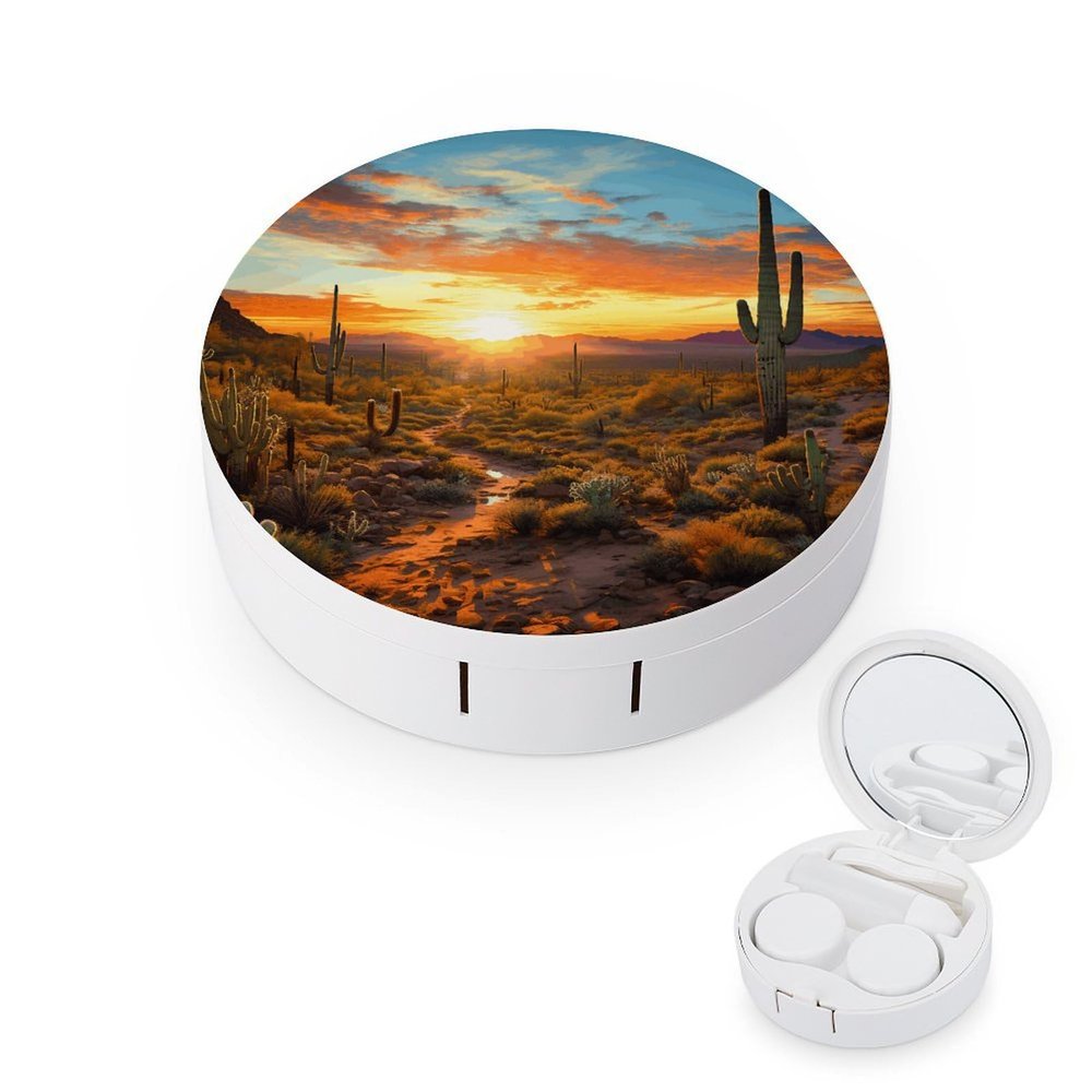 BWQJKUO Portable Round Saguaros at Sunset Printed Contact Lens Case Is Stylish And Compact, Easy to Carry And Protects Lenses.