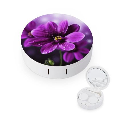 BWQJKUO Portable Round Purple Flower Printed Contact Lens Case Is Stylish And Compact, Easy to Carry And Protects Lenses.