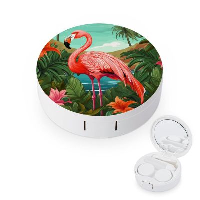 BWQJKUO Portable Round Tropical Flamingo Printed Contact Lens Case Is Stylish And Compact, Easy to Carry And Protects Lenses.
