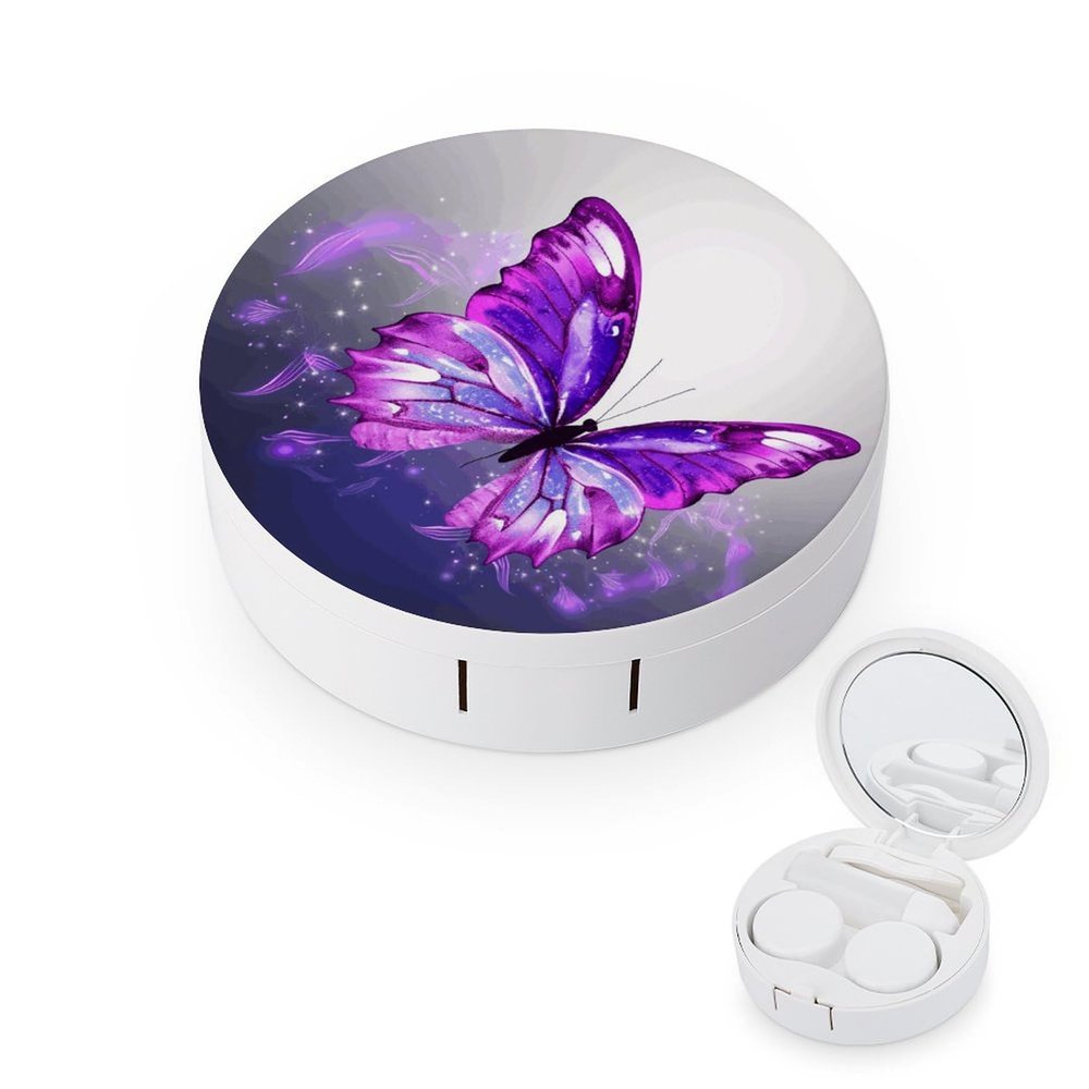 BWQJKUO Portable Round Purple Butterfly Printed Contact Lens Case Is Stylish And Compact, Easy to Carry And Protects Lenses.