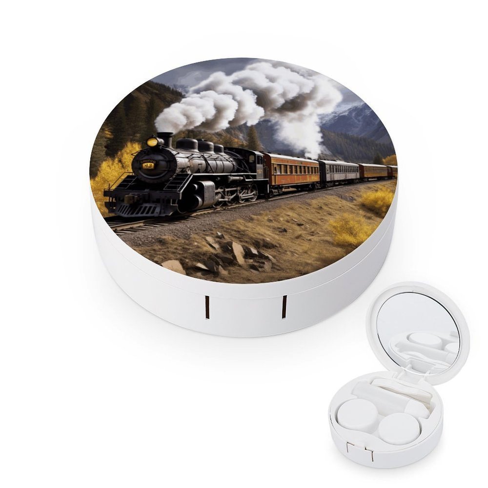 BWQJKUO Portable Round Steam Locomotive Train Printed Contact Lens Case Is Stylish And Compact, Easy to Carry And Protects Lenses.