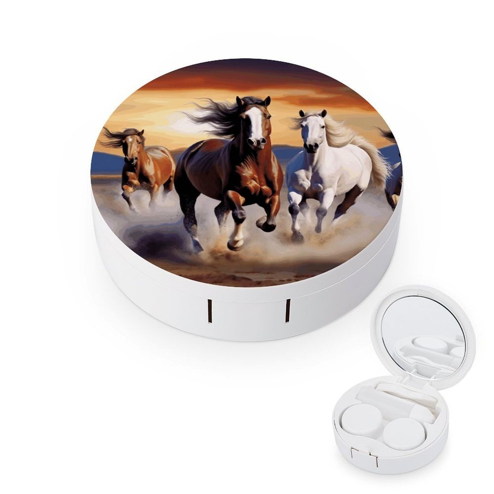BWQJKUO Portable Round Running Horses Printed Contact Lens Case Is Stylish And Compact, Easy to Carry And Protects Lenses.