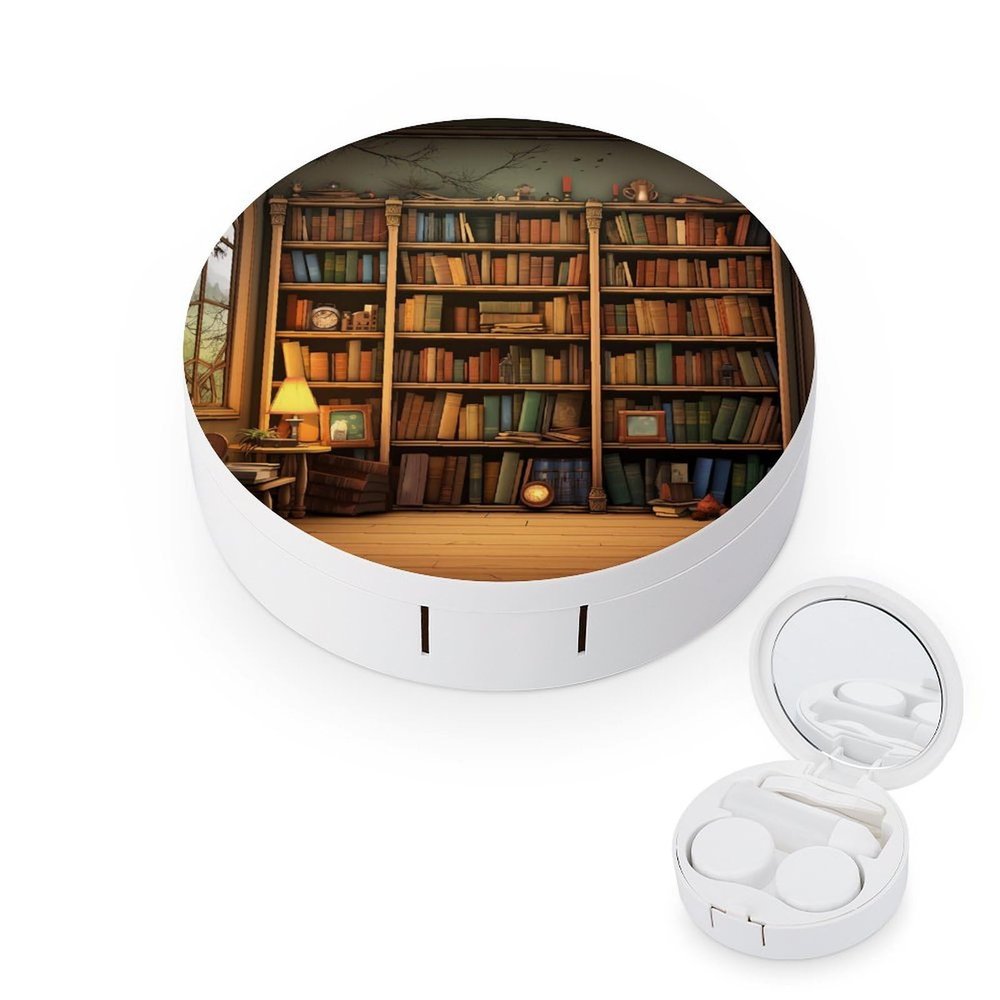 BWQJKUO Portable Round Retro Bookshelf Printed Contact Lens Case Is Stylish And Compact, Easy to Carry And Protects Lenses.