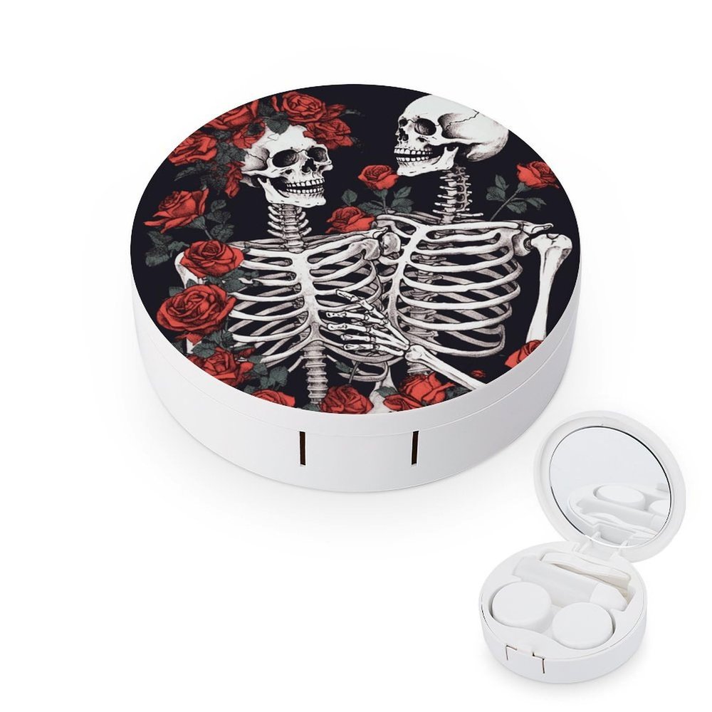 BWQJKUO Portable Round Rose And Skeleton Printed Contact Lens Case Is Stylish And Compact, Easy to Carry And Protects Lenses.