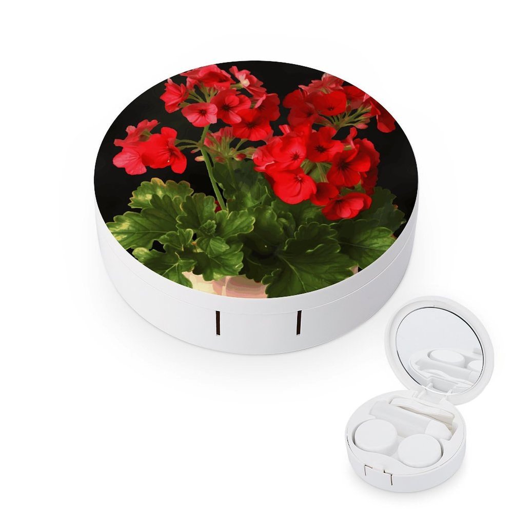 BWQJKUO Portable Round Red Geraniums Printed Contact Lens Case Is Stylish And Compact, Easy to Carry And Protects Lenses.