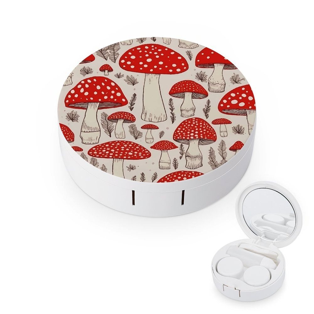BWQJKUO Portable Round Red White Mushroom Printed Contact Lens Case Is Stylish And Compact, Easy to Carry And Protects Lenses.