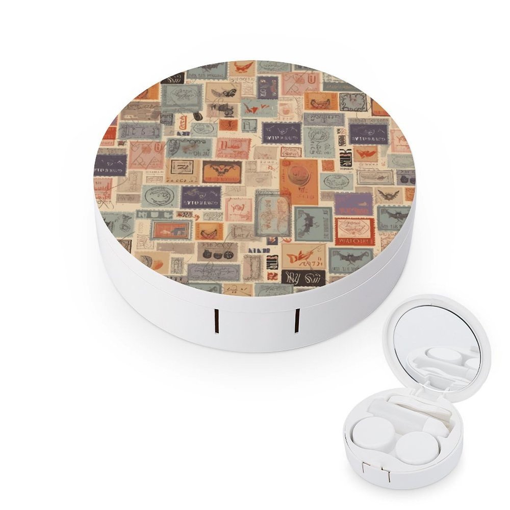 BWQJKUO Portable Round Postal Stationery Printed Contact Lens Case Is Stylish And Compact, Easy to Carry And Protects Lenses.
