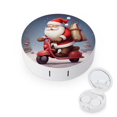 BWQJKUO Portable Round Santa Claus on Scooter Printed Contact Lens Case Is Stylish And Compact, Easy to Carry And Protects Lenses.