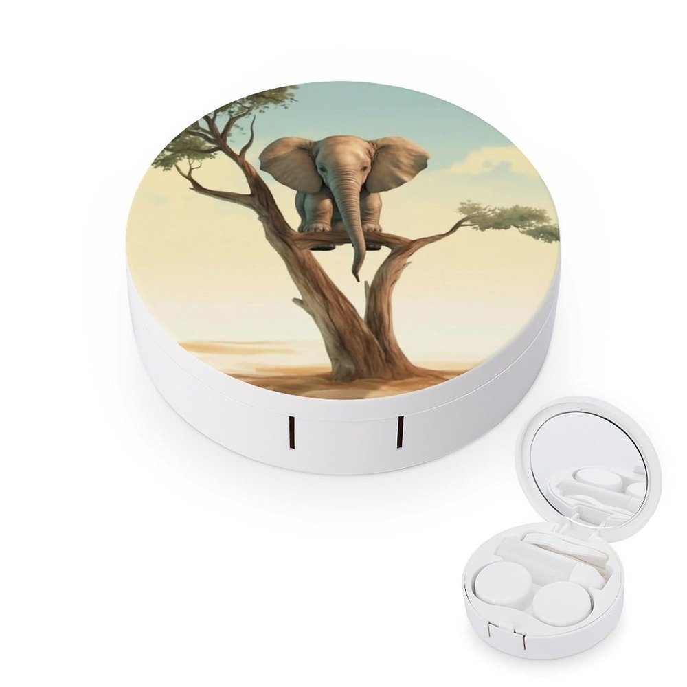 BWQJKUO Portable Round Little Elephant on Tree Printed Contact Lens Case Is Stylish And Compact, Easy to Carry And Protects Lenses.