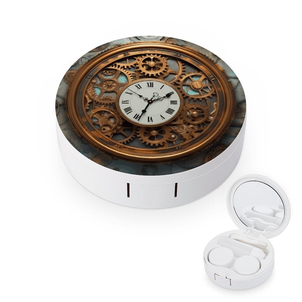 BWQJKUO Portable Round Rusty Steampunk Clock Printed Contact Lens Case Is Stylish And Compact, Easy to Carry And Protects Lenses.
