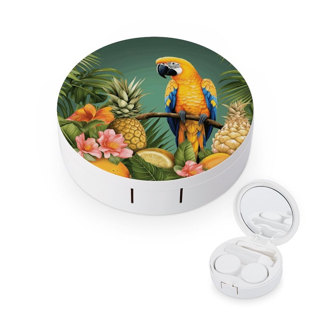BWQJKUO Portable Round Summer Parrot Pineapple Bird Printed Contact Lens Case Is Stylish And Compact, Easy to Carry And Protects Lenses.