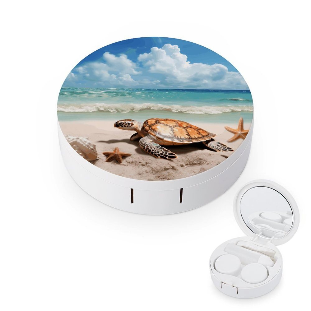 BWQJKUO Portable Round Sea Turtle Starfish Printed Contact Lens Case Is Stylish And Compact, Easy to Carry And Protects Lenses.